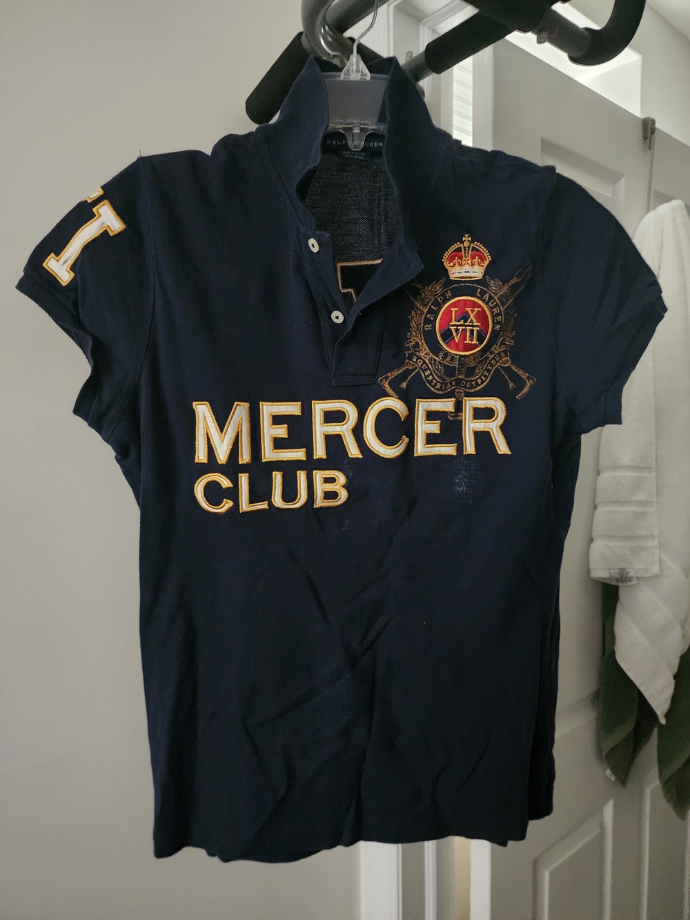 Ralph Lauren Navy Polo with Gold Mercer Club Crest.  Unisex.